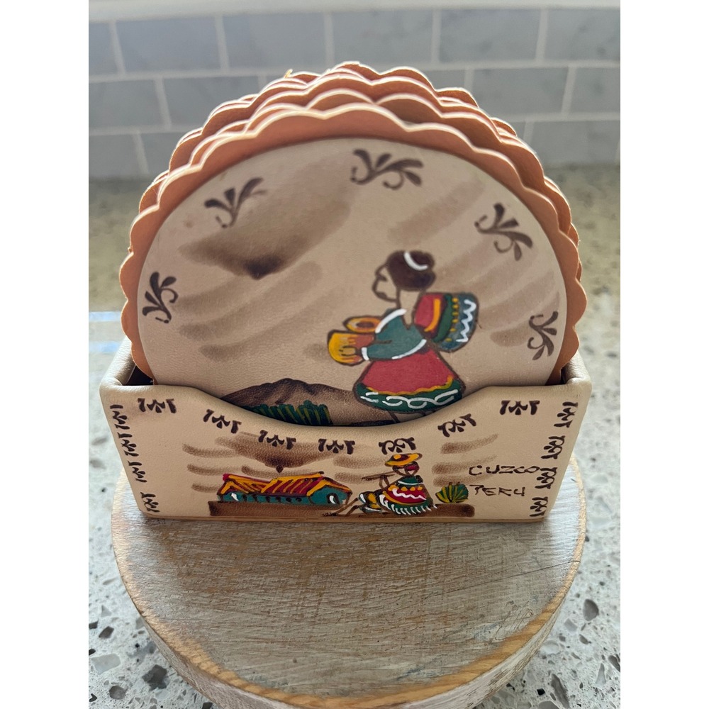 Vintage Cusco Peru Hand Painted Leather Coaster Set of 6 with Holder Folk Art